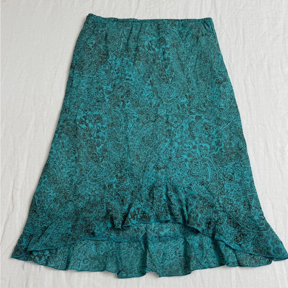 Vintage Y2K 90’s Asymmetrical Ruffle Hem Lapis Blue Floral Print Skirt Size M